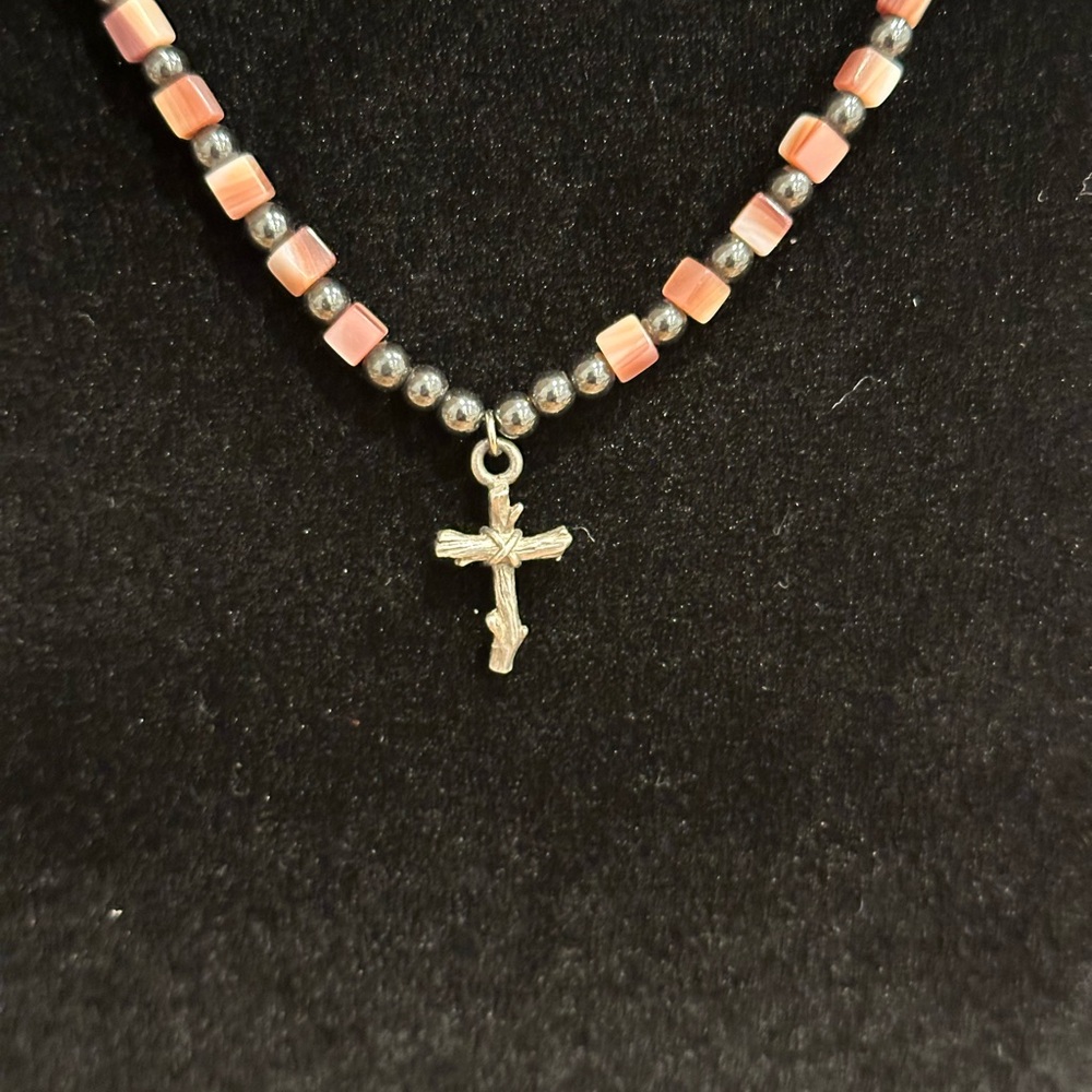 Handmade Pink Beaded Cross Necklace - Women's Jewelry
13 1/2” - Picture 2 of 3